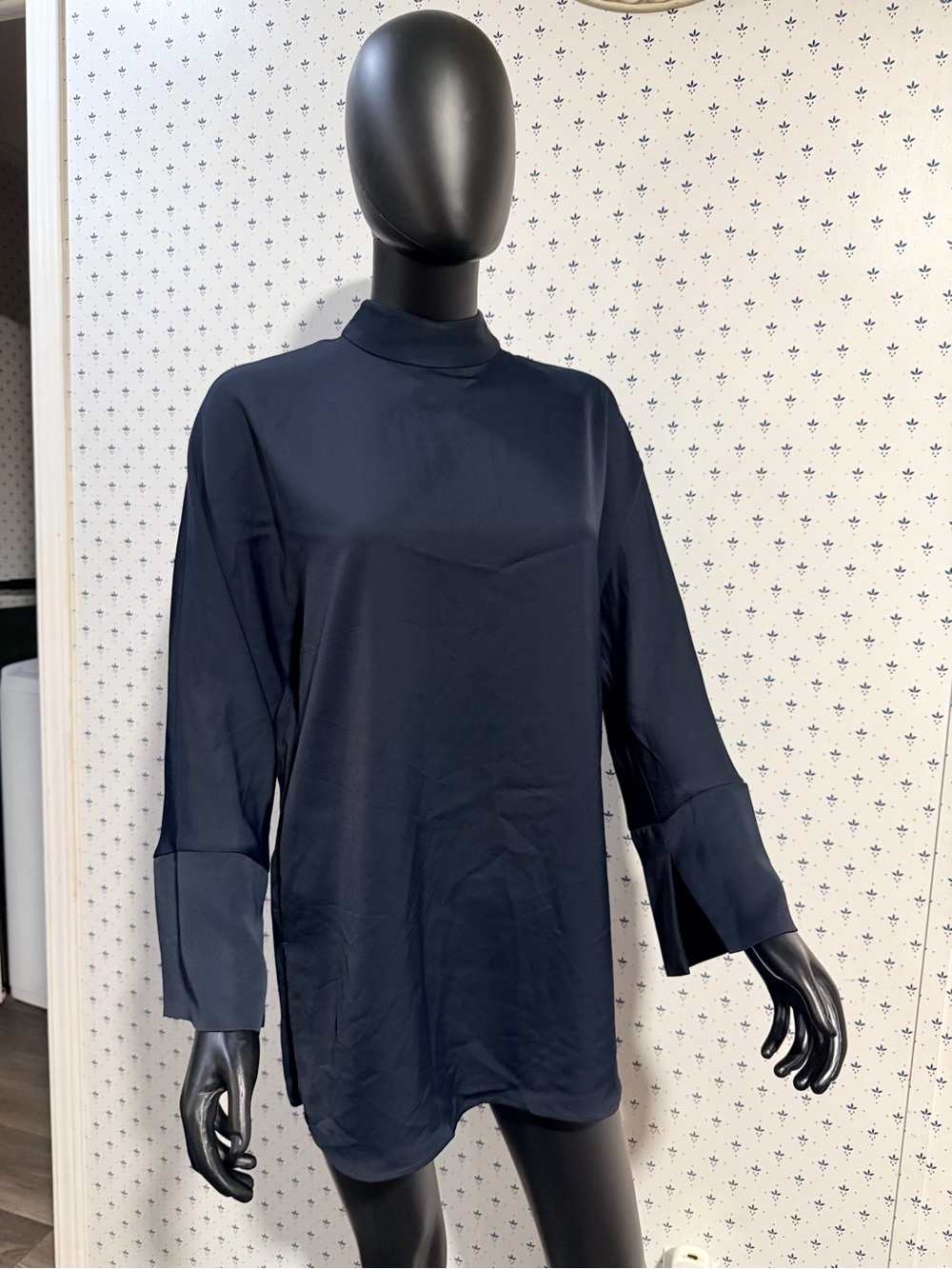Zara Navy Satin Mock Neck Tunic Blouse Split Bell Sleeve Small Very Good